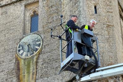 Montacute Clock in cherry picker.jpg