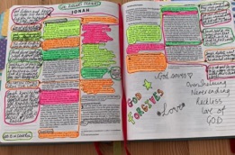 Book of Jonah in the Bible covered with notes and highlighted content