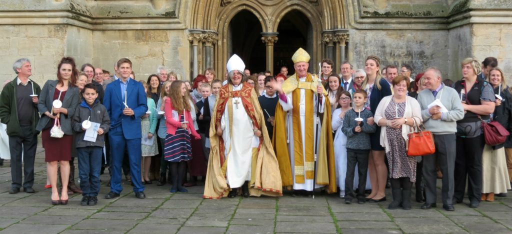 Bishop Peter outside Wells Cathedral with those confirmed