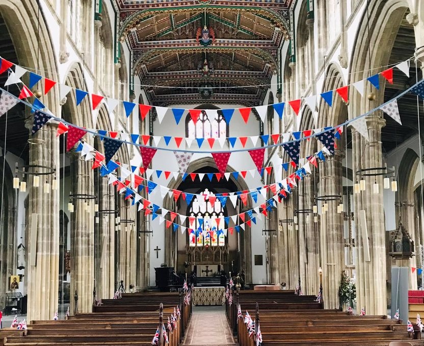 St Cuthberts interior decorated with bunting